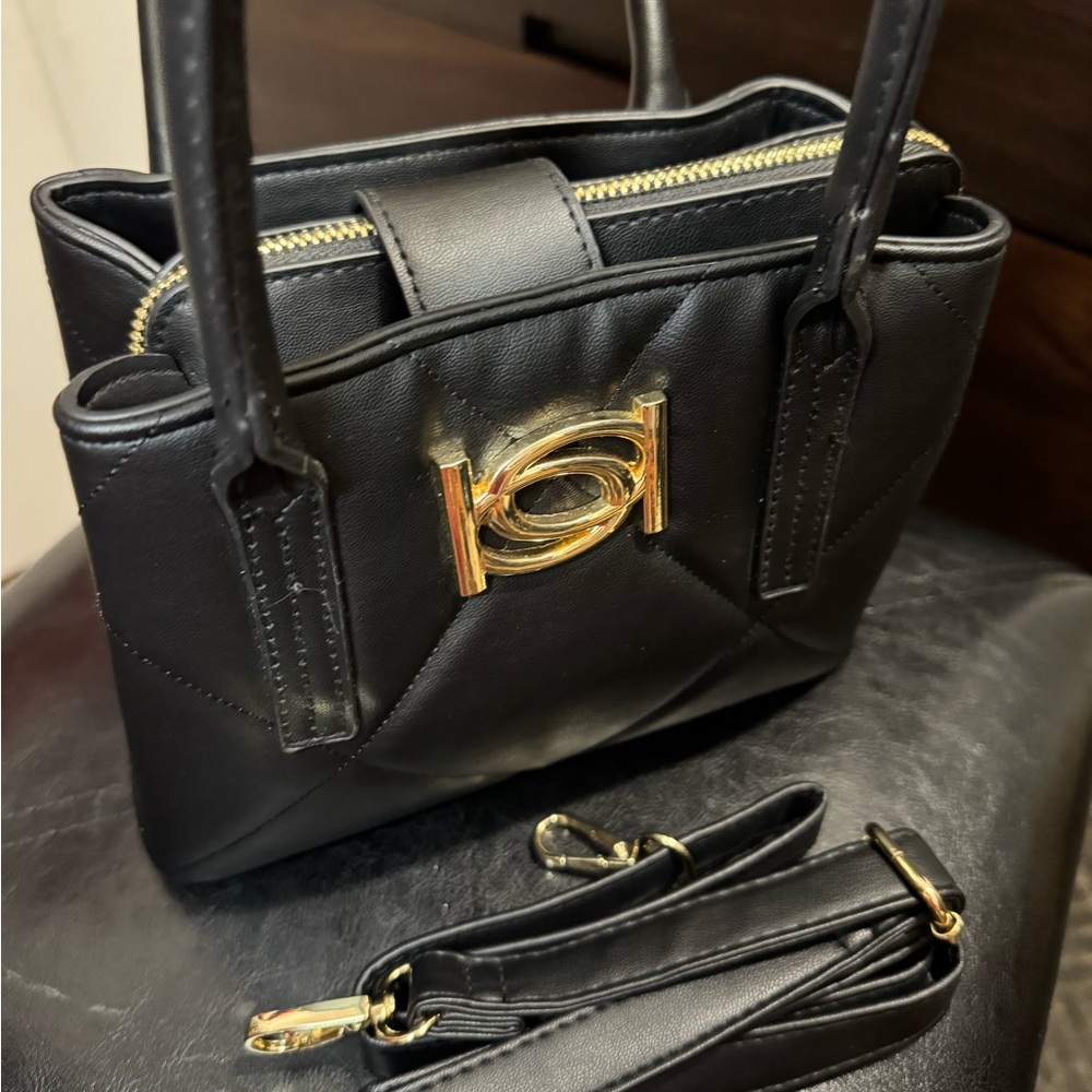 Bebe Small Faux Leather Black/Gold Satchel Handbag